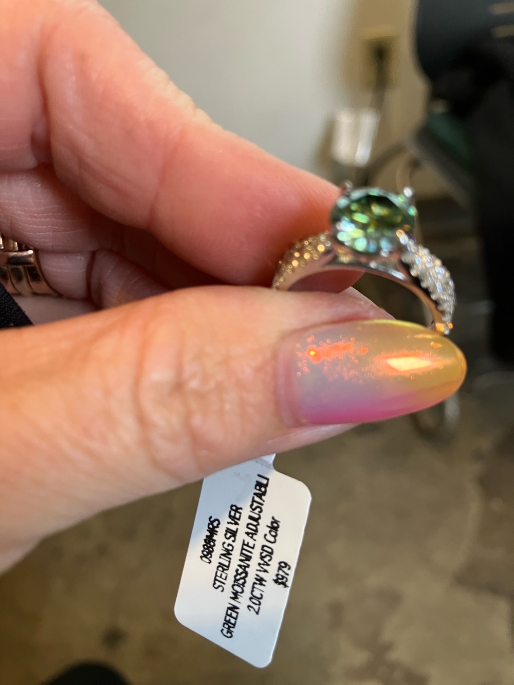 Sterling Silver Green Crystalline Ring with Pave Band